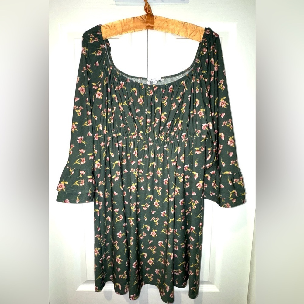 AUW Womens Stretch Waist Floral Square Neck Long Ruffle Sleeve Midi Dress Size L